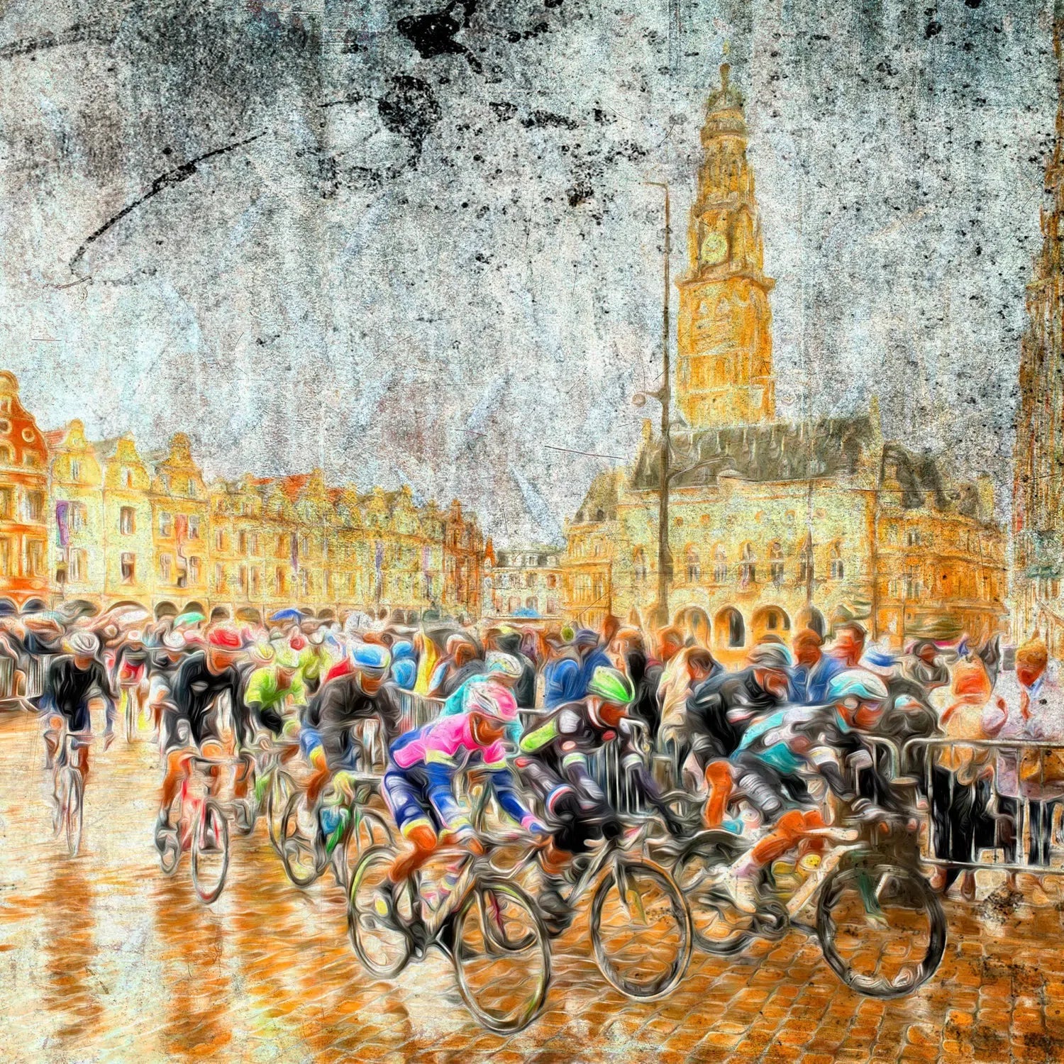Les coureurs du Tour de France devant le Beffroi d'Arras-Imagesdartistes