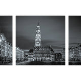 The belfry of Arras and its merry-go-round. Triptych in black and white.